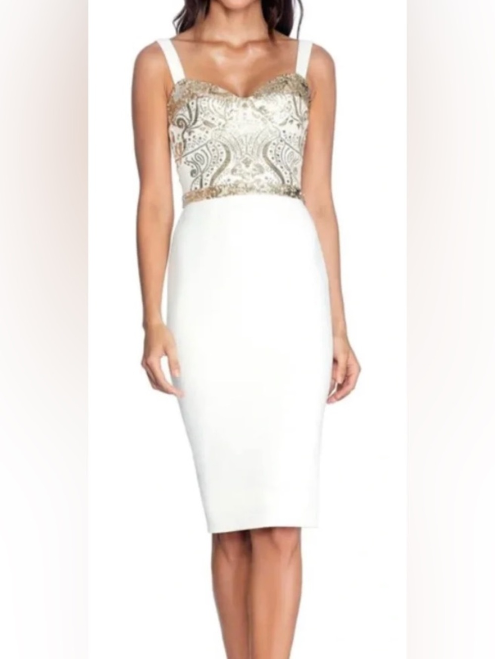 Dress the Population Ivory Midi Dress with Gold Sequin Bodice